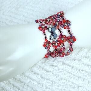 HANDMADE ~ Red Daisies & Butterfly 4 Wrap Bracelet